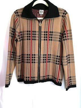 Anne Klein Burberry Pattern Plaid Zip-Front Sweater Tan with Black & Red Accents